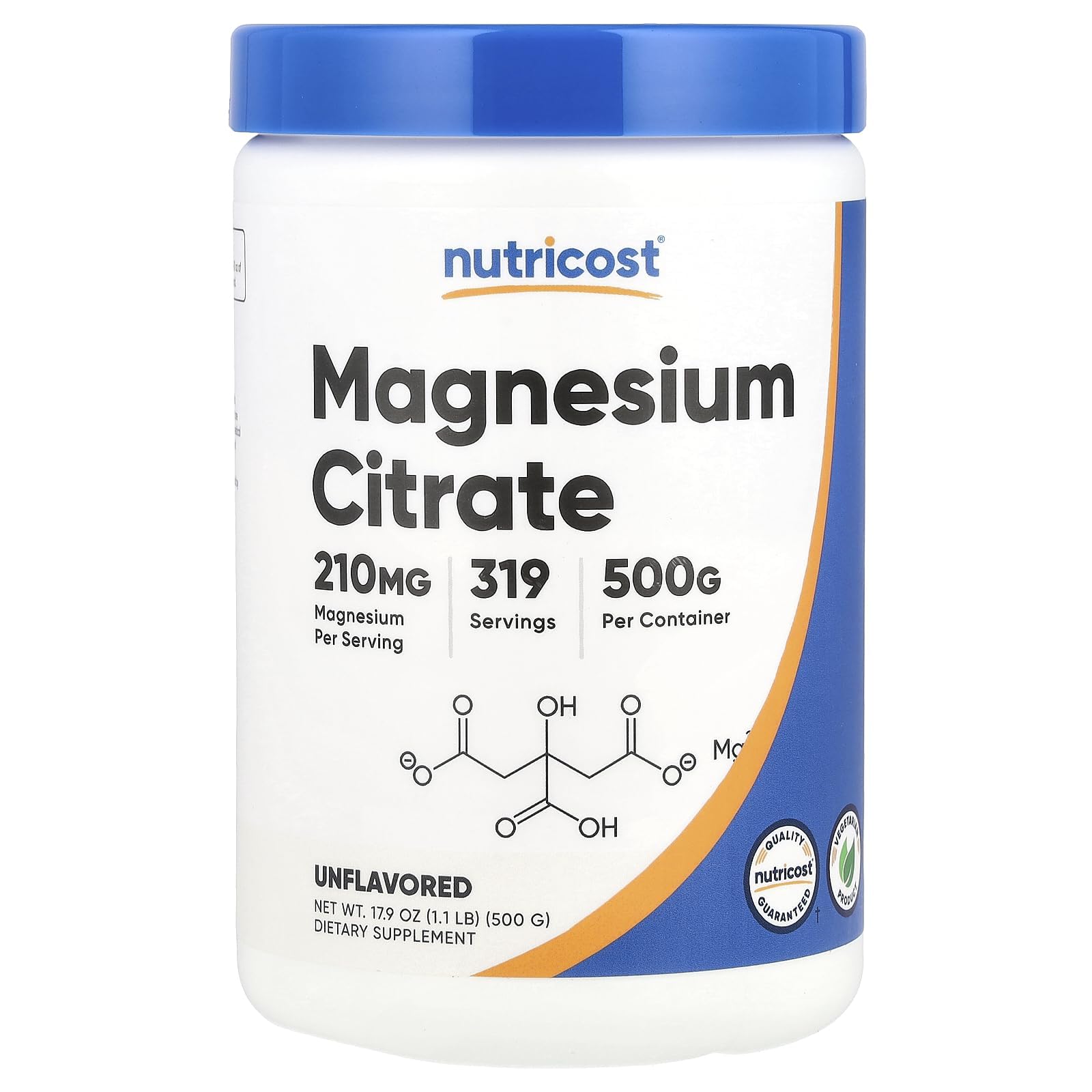 Nutricost Magnesium Citrate Powder unflavored bottle with 500g for easy daily supplementation.