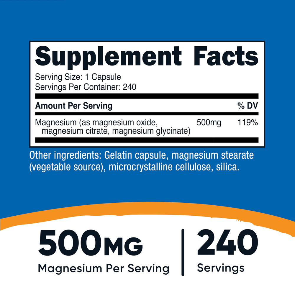 Nutricost Magnesium Complex capsules close-up highlighting the triple-form magnesium blend.