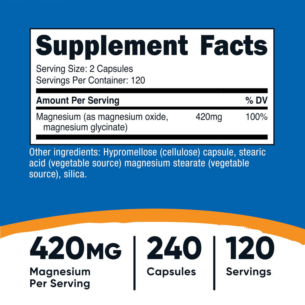 Nutricost Magnesium+ 420mg capsules closeup for daily supplementation