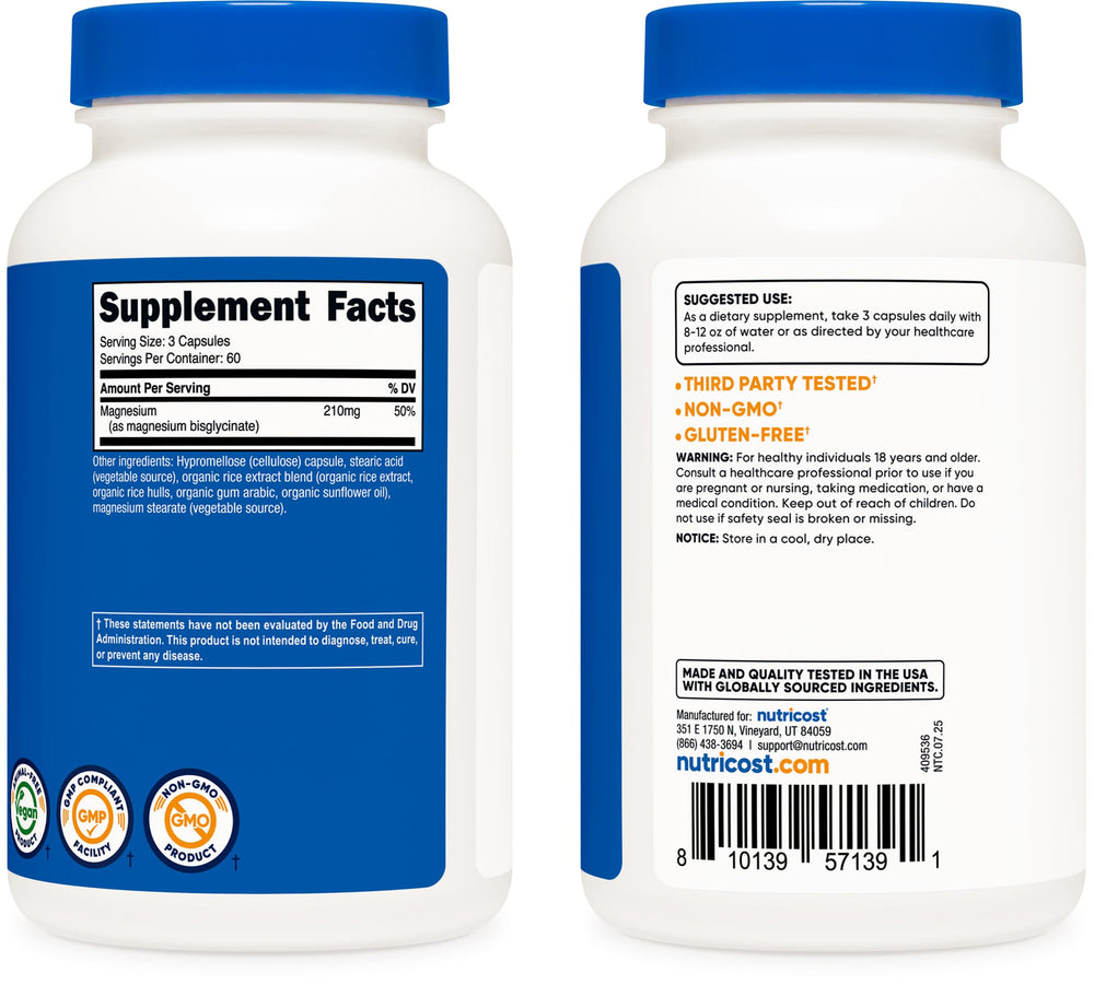 Nutricost Magnesium Glycinate capsules third-party testing label emphasizing potency and purity.
