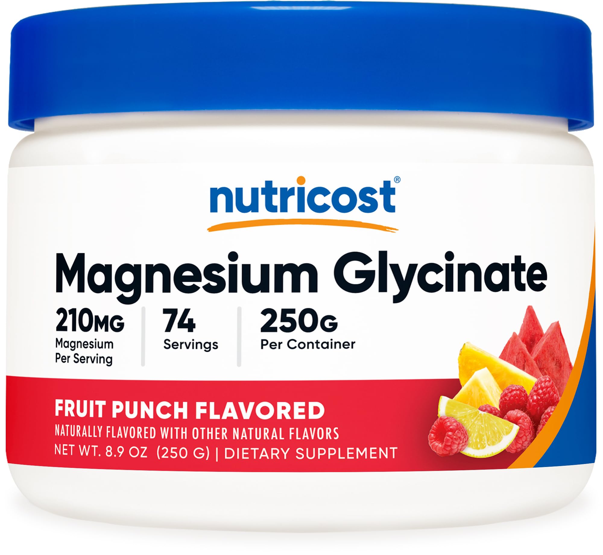 Nutricost magnesium glycinate powder in fruit punch bottle for daily wellness