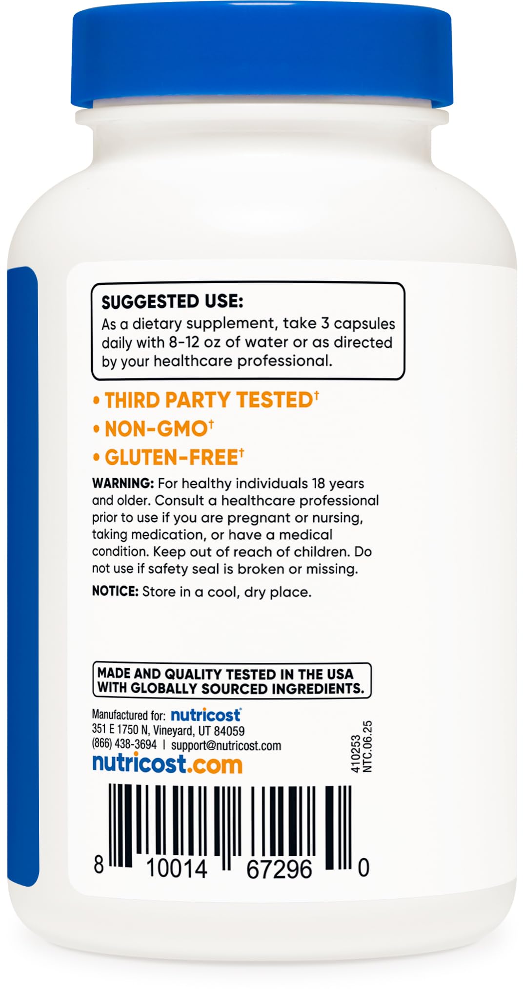 Nutricost Magnesium Malate ingredients label showing gluten free and facility standards.