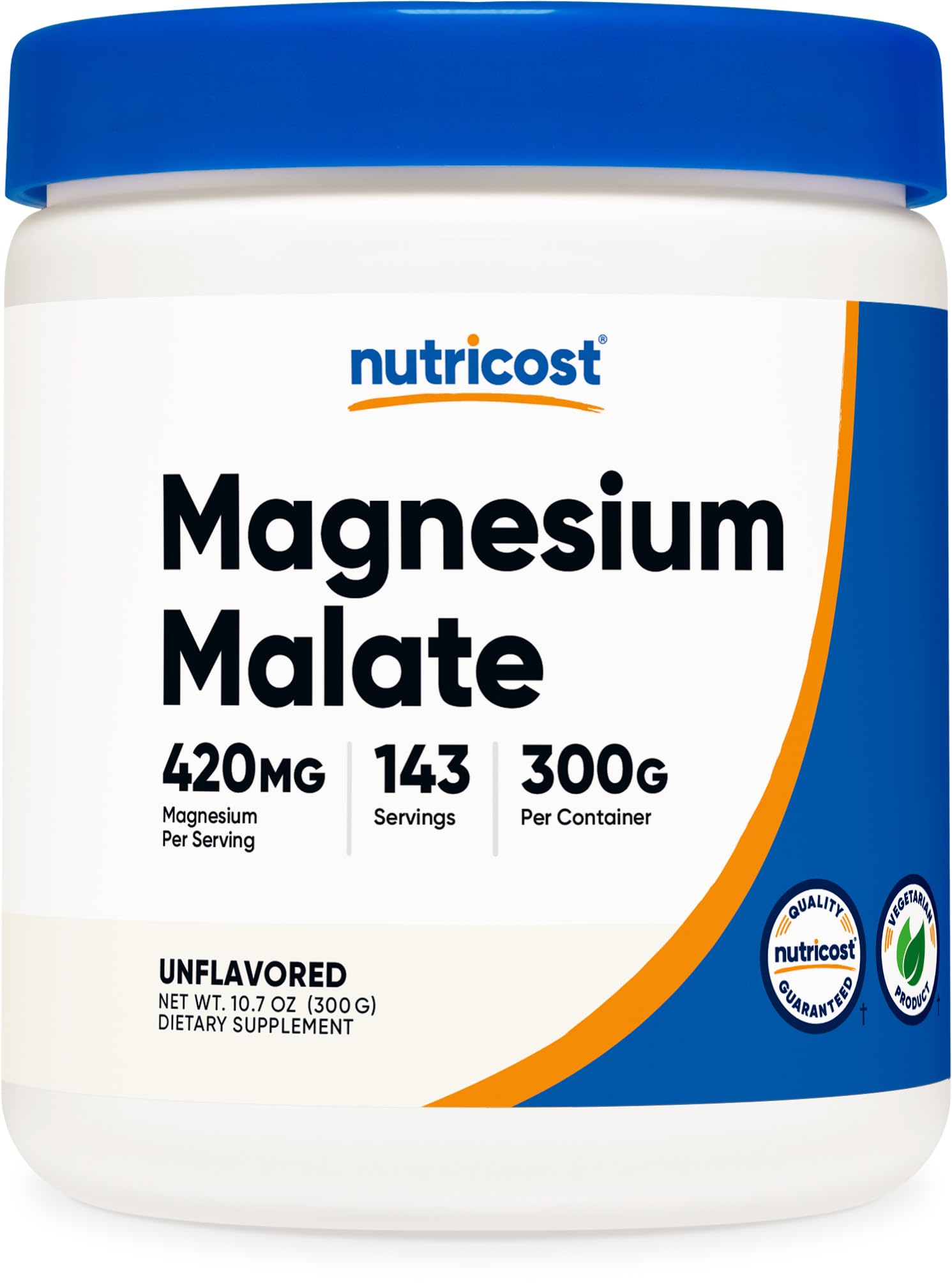Nutricost Magnesium Malate Powder bottle front view, high Mg per serving to support daily wellness.