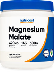 Nutricost Magnesium Malate Powder bottle front view, high Mg per serving to support daily wellness.