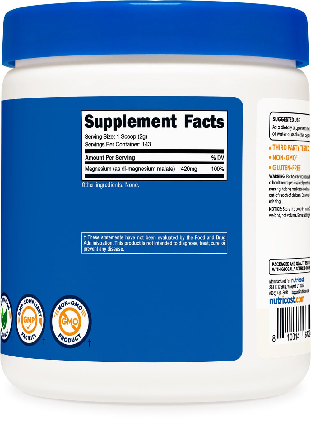 Nutricost Magnesium Malate Powder GMP facility badge, trusted production standards.
