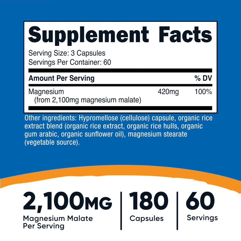 Nutricost Magnesium Malate serving illustration highlighting 420 mg magnesium per serving.