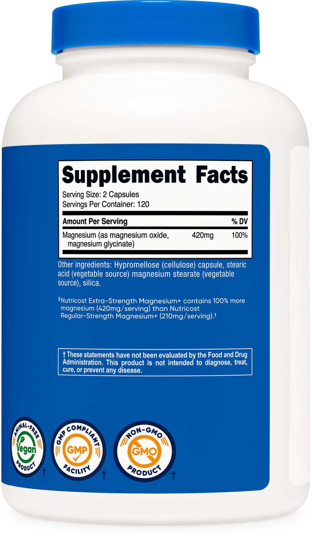 Nutricost Magnesium+ non-GMO and soy-free seal highlighting quality