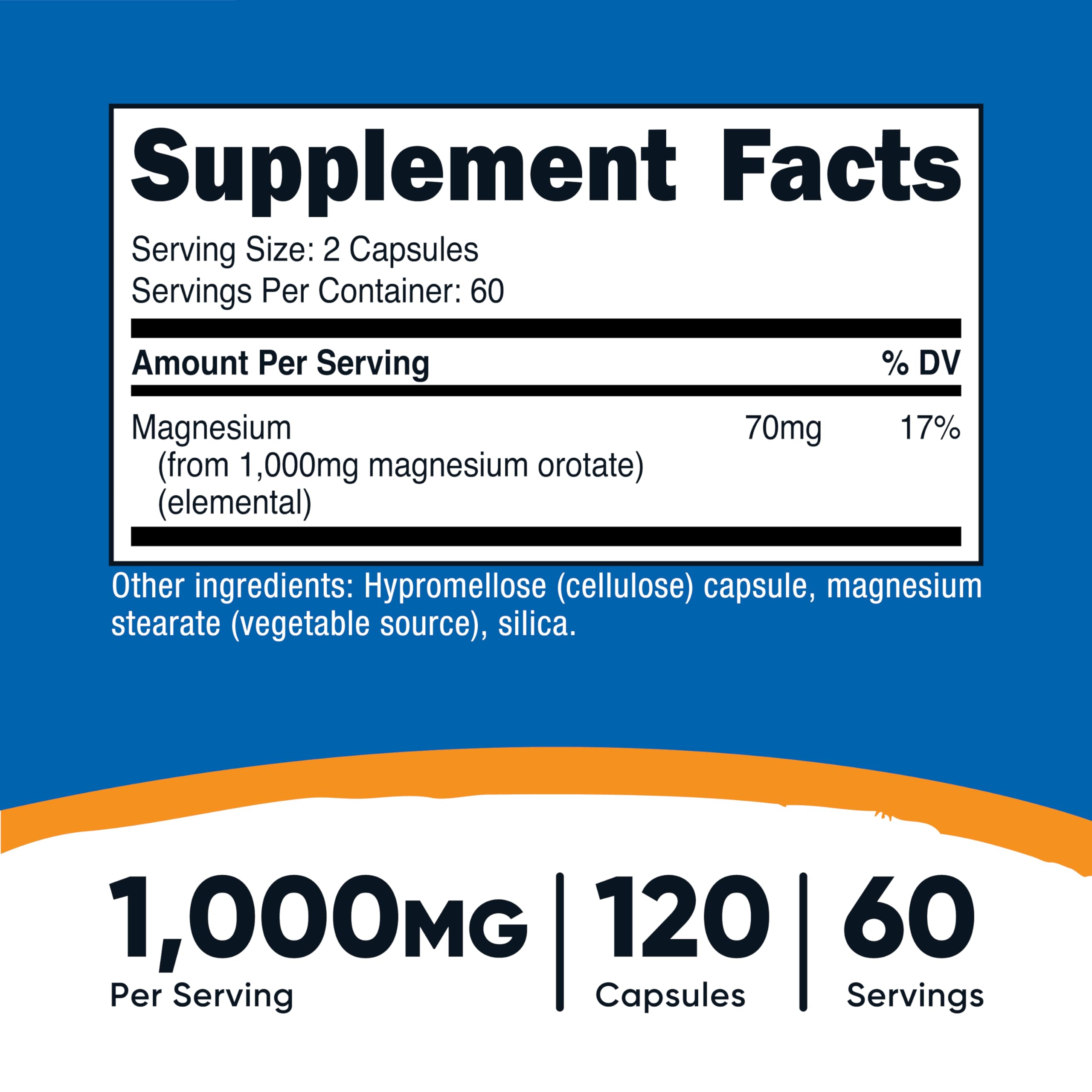 Close-up of Nutricost Magnesium Orotate capsules label highlighting per-serving magnesium