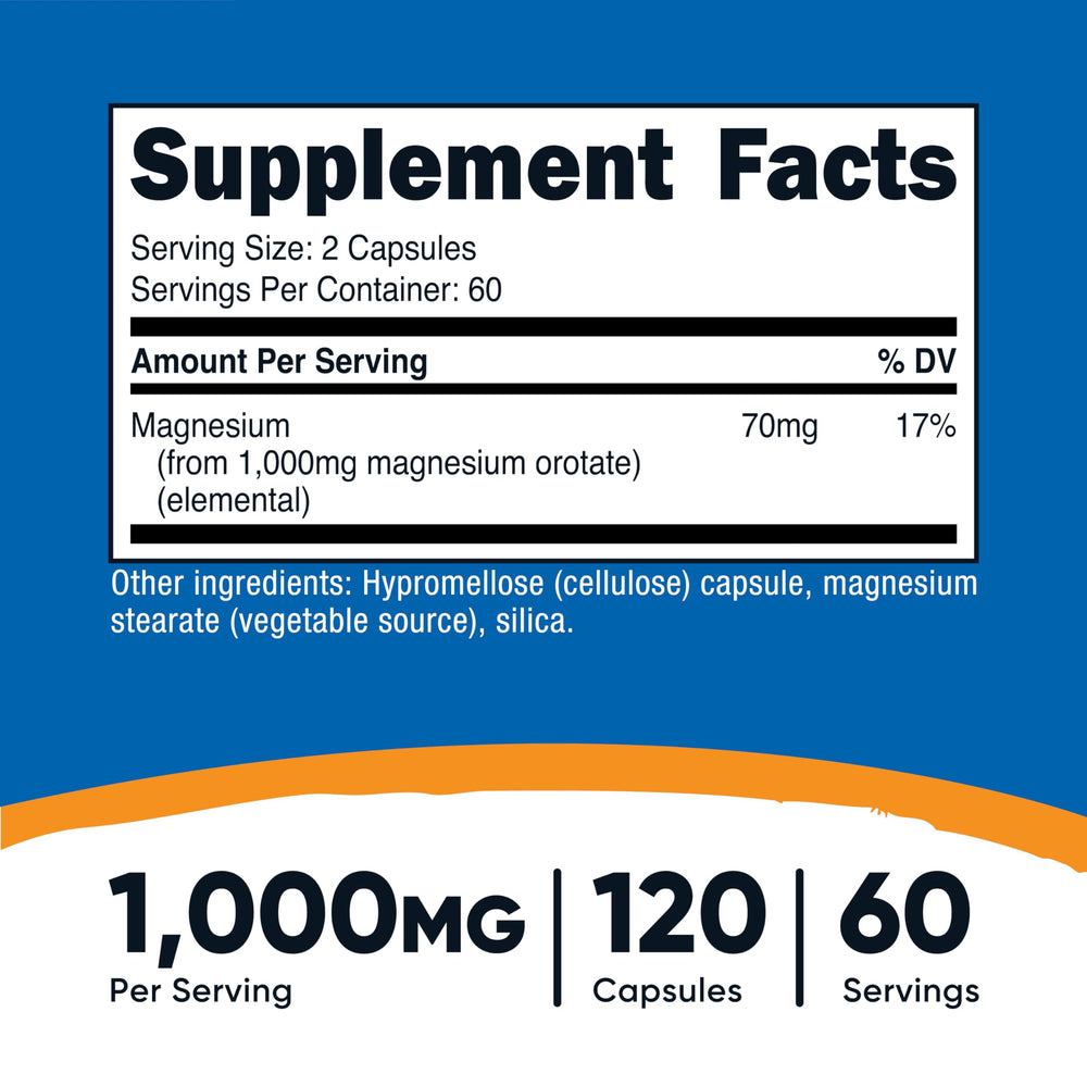 Close-up of Nutricost Magnesium Orotate capsules label highlighting per-serving magnesium
