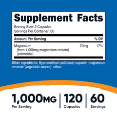 Close-up of Nutricost Magnesium Orotate capsules label highlighting per-serving magnesium