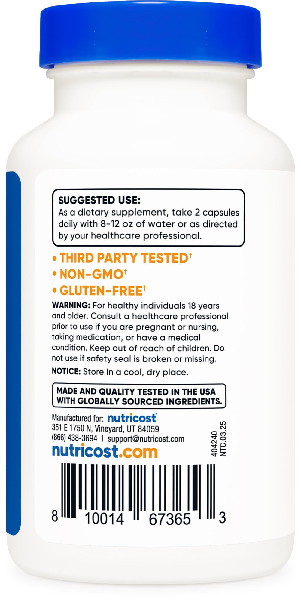 Nutricost Magnesium Orotate label indicating gluten-free and non-GMO attributes