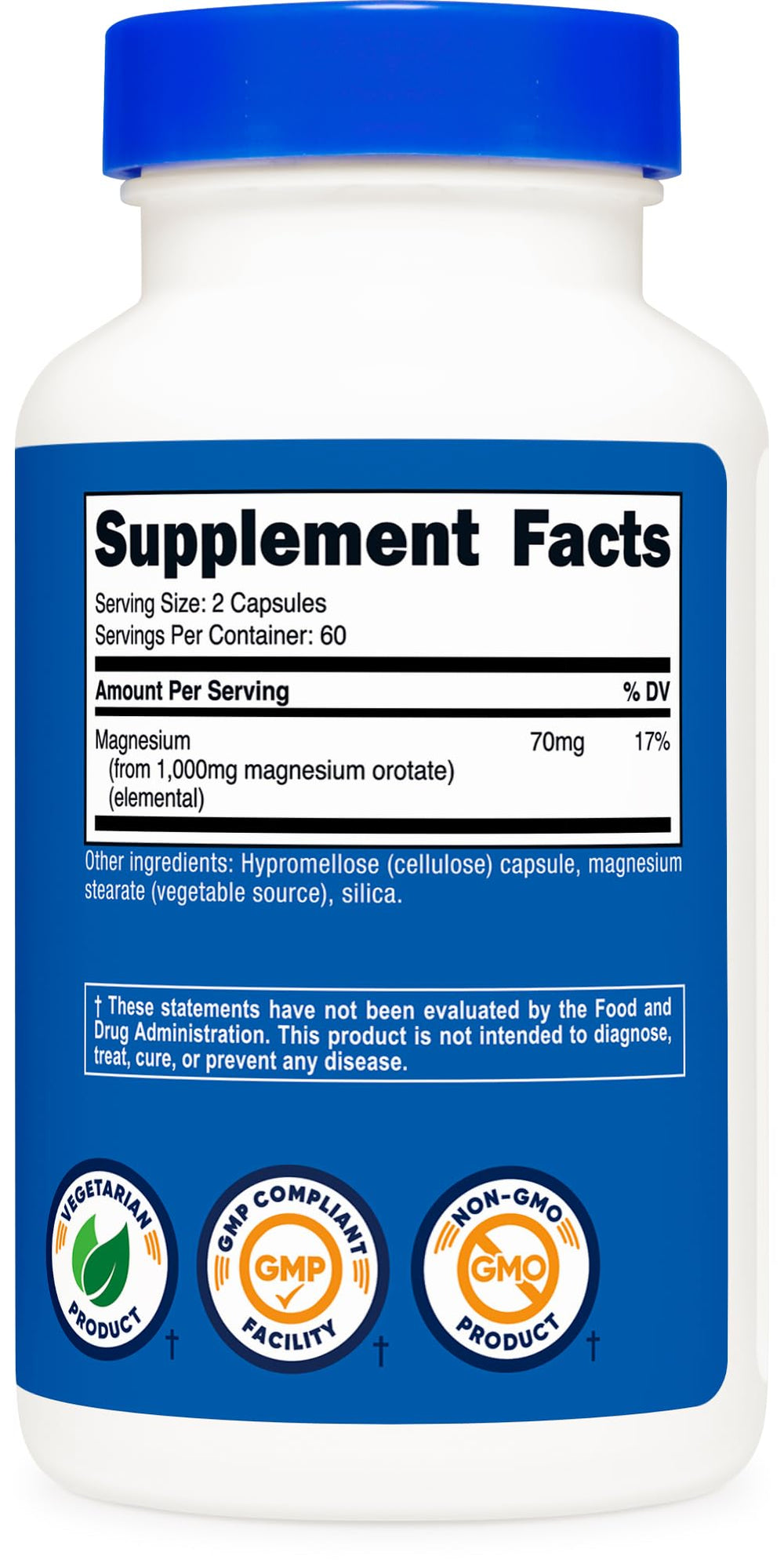 Nutricost Magnesium Orotate bottle with serving plan for two capsules per serving