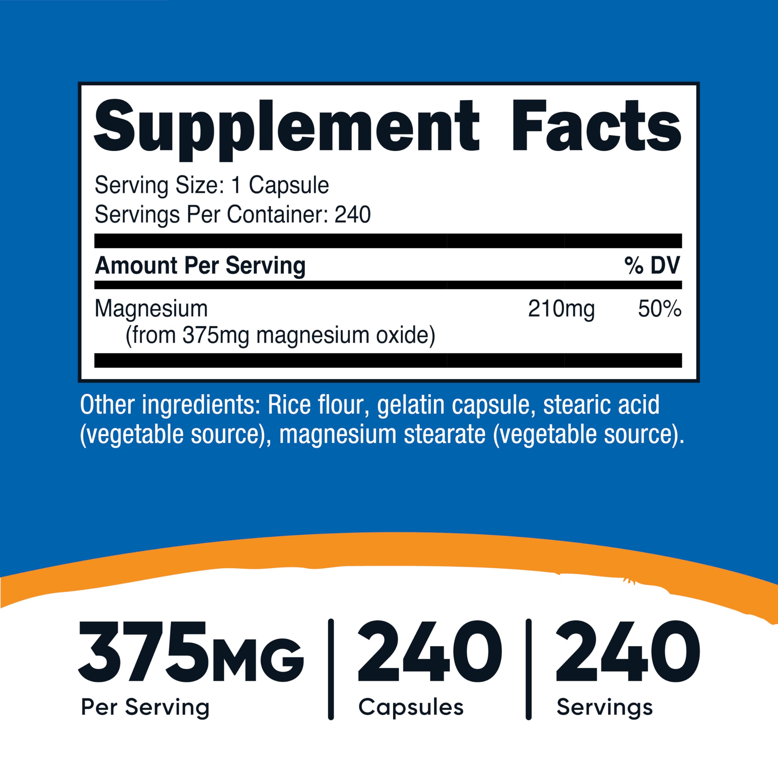 Nutricost Magnesium Oxide 375mg bottle back with dosage and ingredient notes