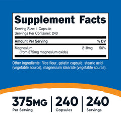 Nutricost Magnesium Oxide 375mg bottle back with dosage and ingredient notes