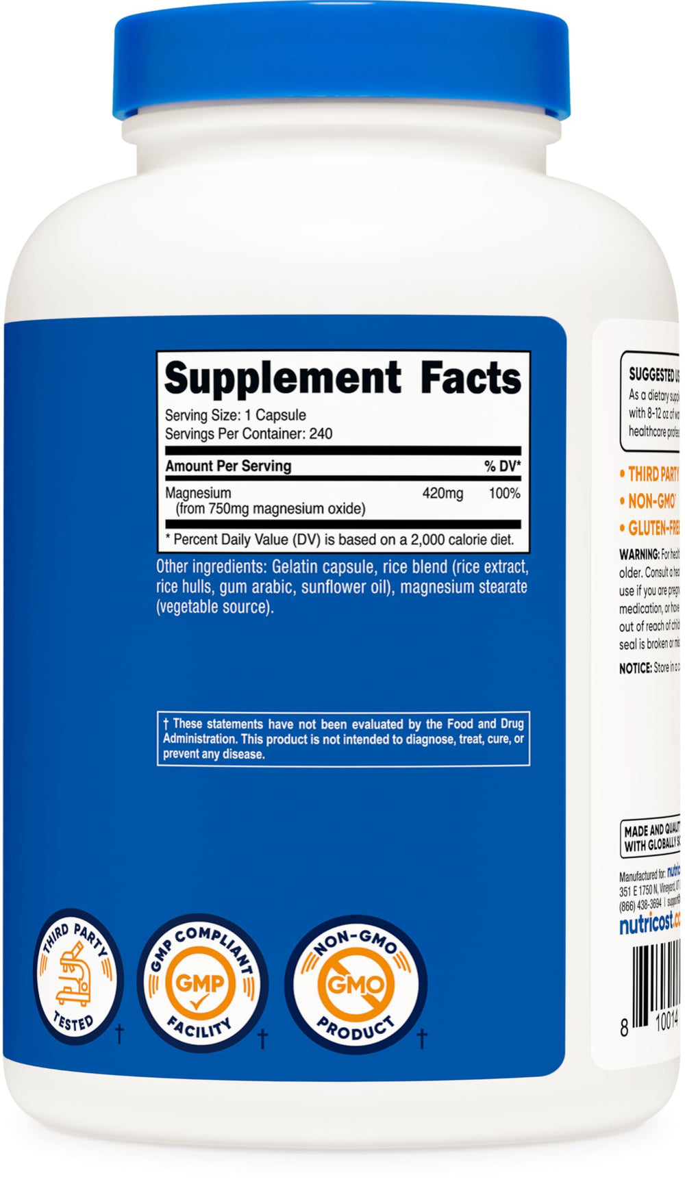 Nutricost Magnesium Oxide packaging highlights non-GMO and gluten-free quality