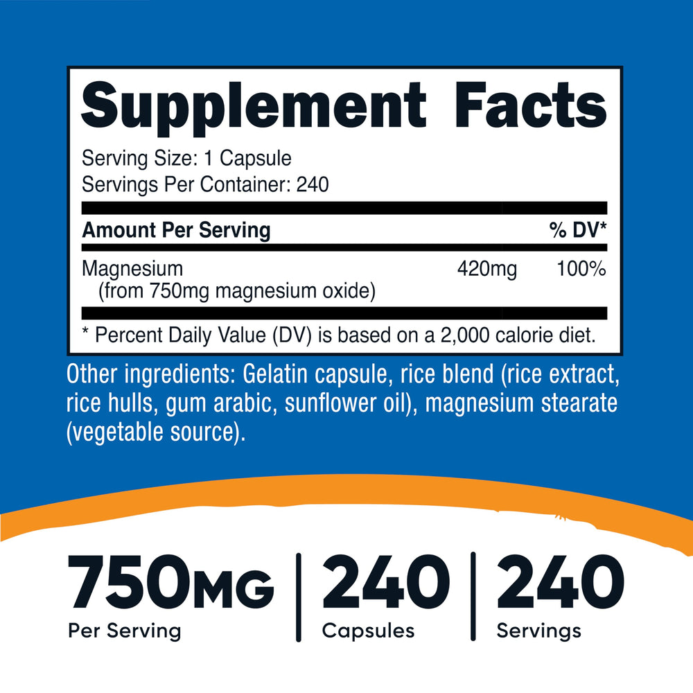 Nutricost Magnesium Oxide 750mg label close-up shows dosage and ingredients
