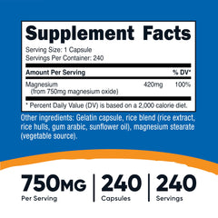 Nutricost Magnesium Oxide 750mg label close-up shows dosage and ingredients