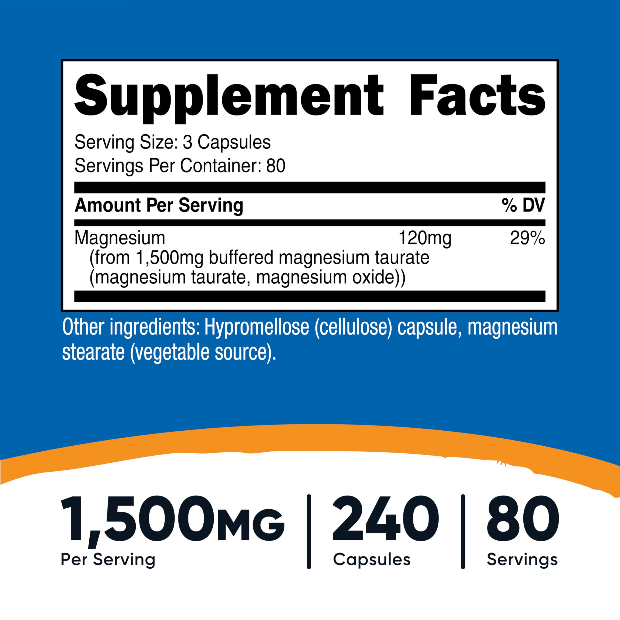 Nutricost Magnesium Taurate capsules close-up highlighting high-dose per serving