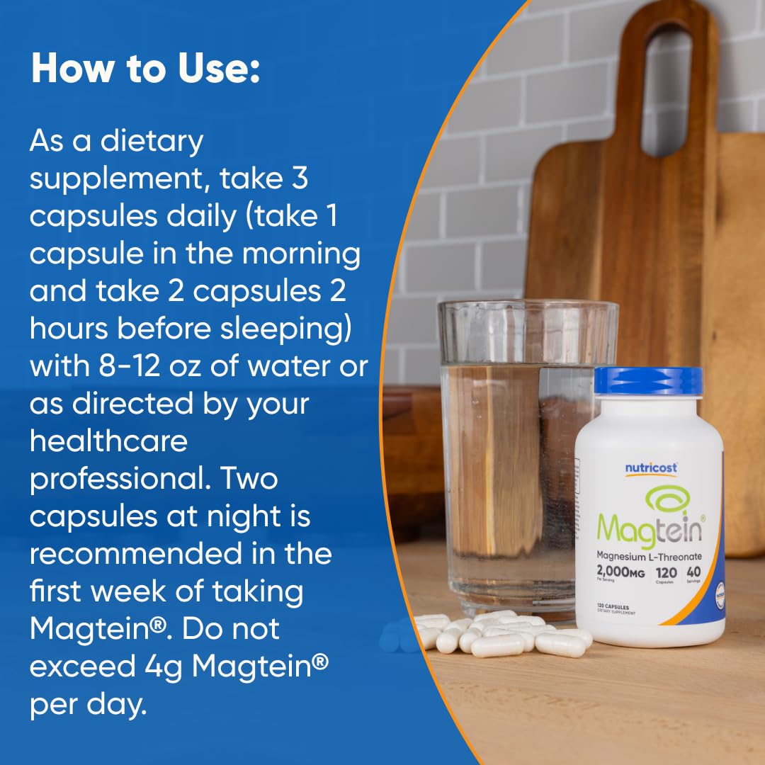 Nutricost Magtein bottle with glass of water suggesting simple ingestion routine.