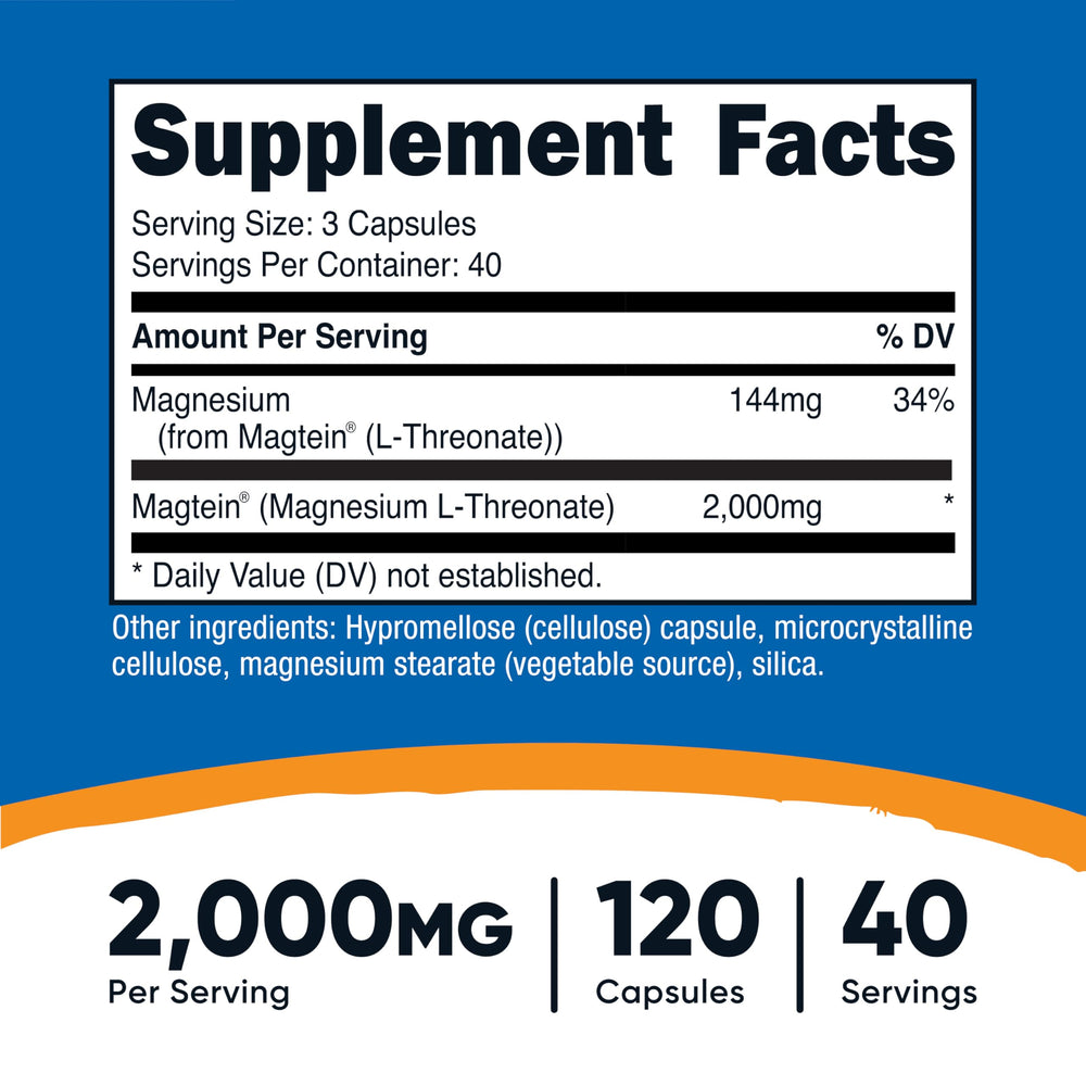 Nutricost Magtein capsules closeup showing easy-to-swallow form for daily use.