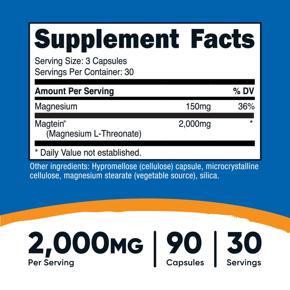 Nutricost Magtein capsules closeup highlighting easy-to-swallow capsules