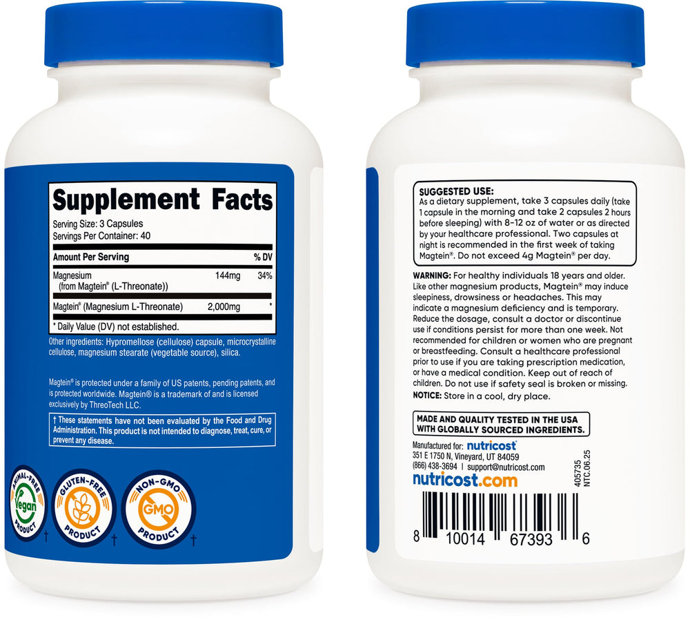 Nutricost Magtein label with ISO testing seal for third-party verification.