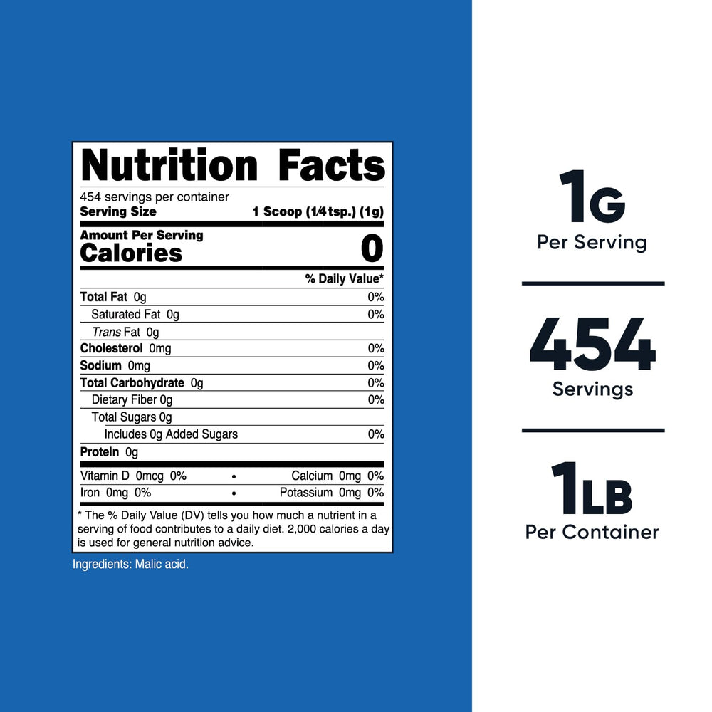 Nutricost Malic Acid Powder with included scoop enables precise measuring.
