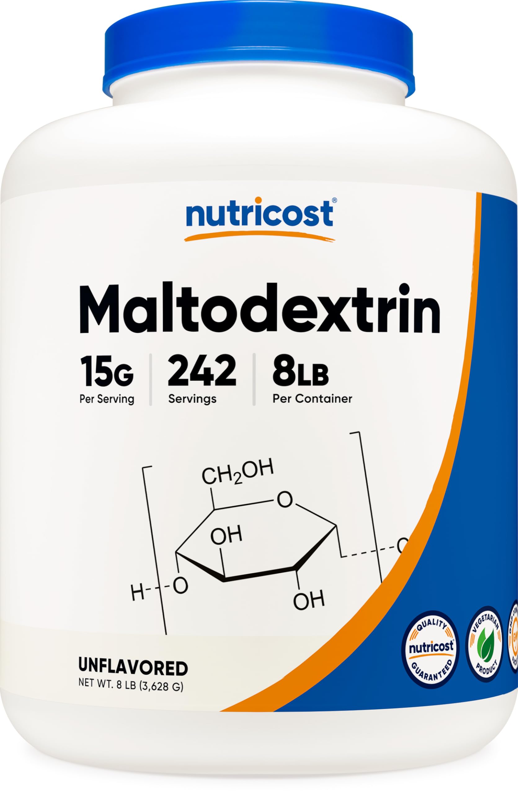 Nutricost Maltodextrin Powder 8lbs container, gluten-free energy source for workouts.