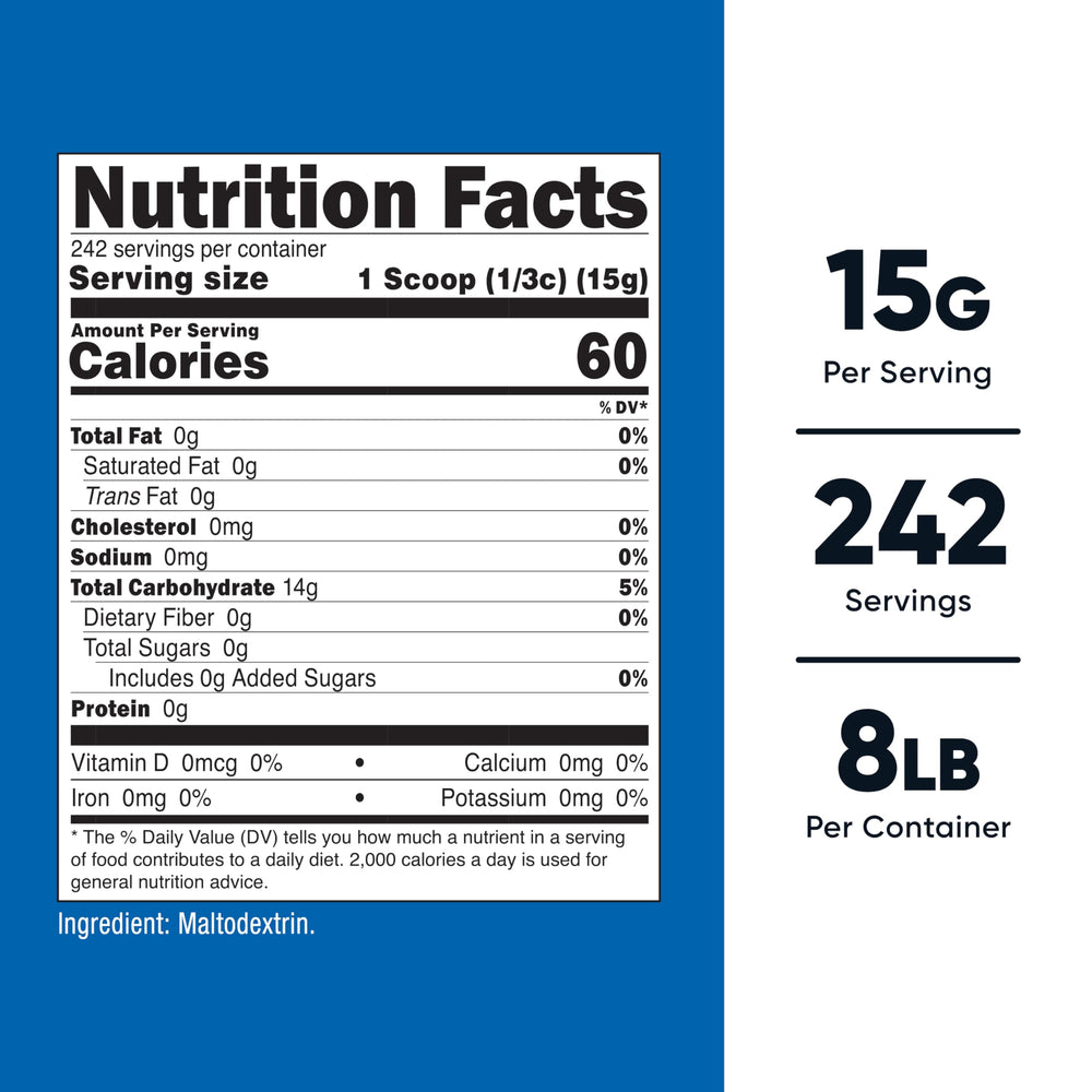 Nutricost Maltodextrin Powder 8lbs in kitchen scene, bulk carbohydrate for shakes.