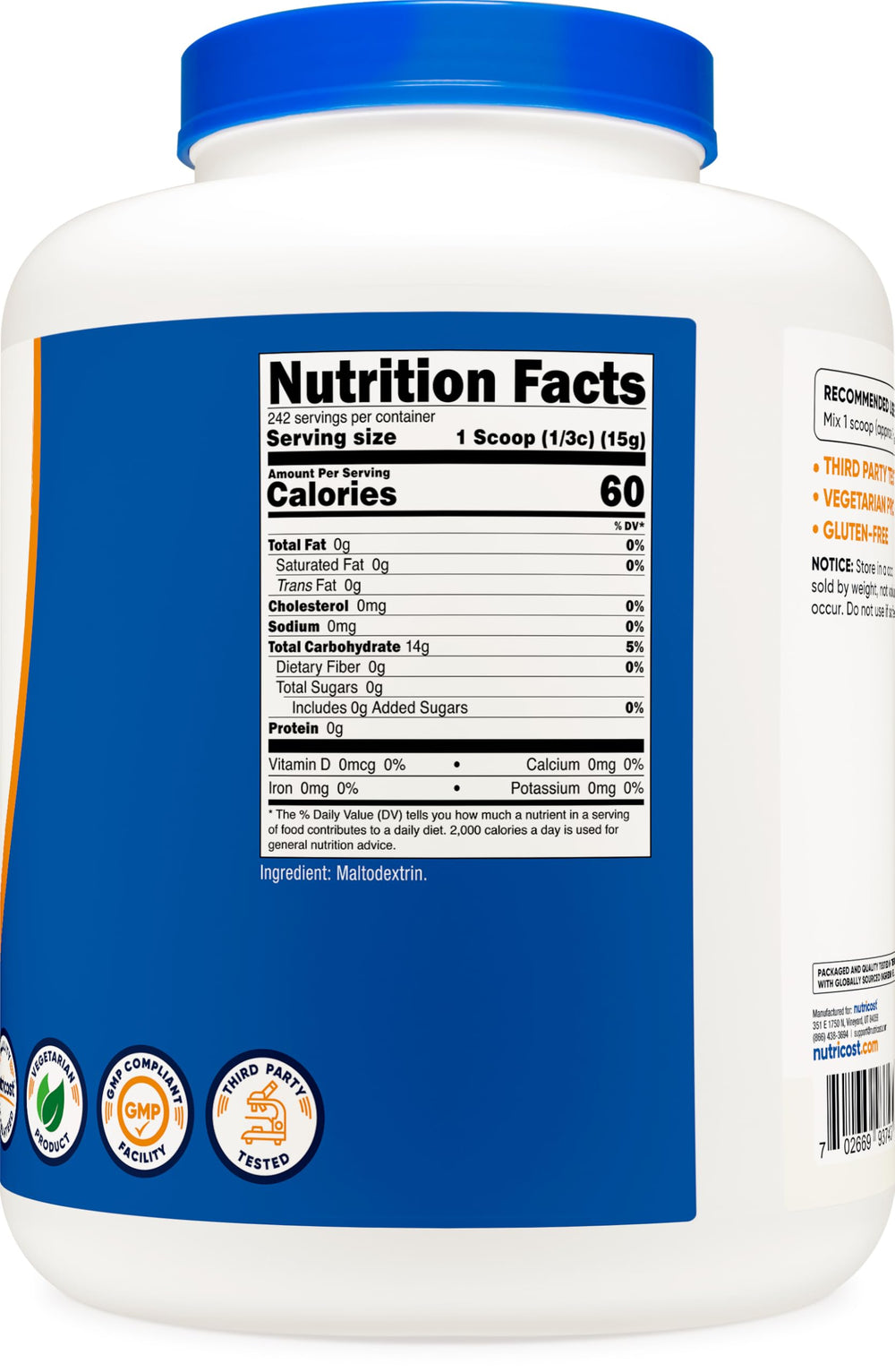 Nutricost Maltodextrin Powder 8lbs label closeup, GMP and FDA facility credibility.