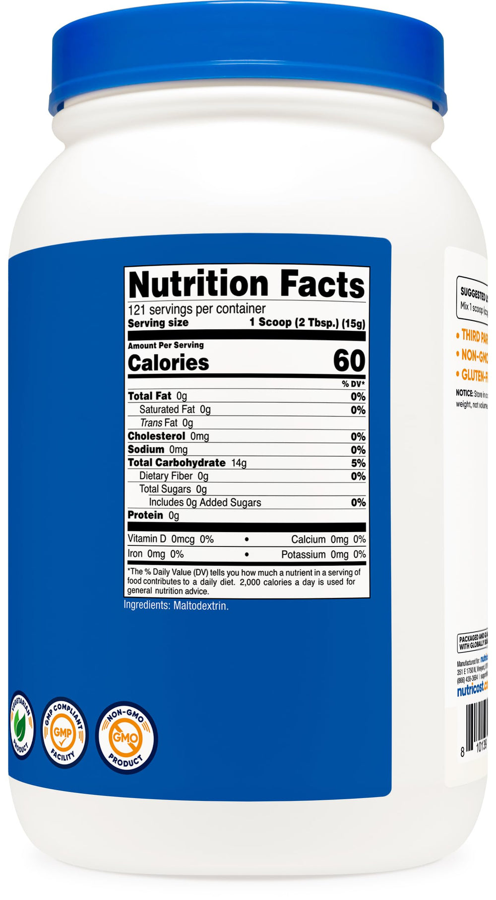 4 lb bag of Nutricost Maltodextrin powder for bulk carbohydrate supply.