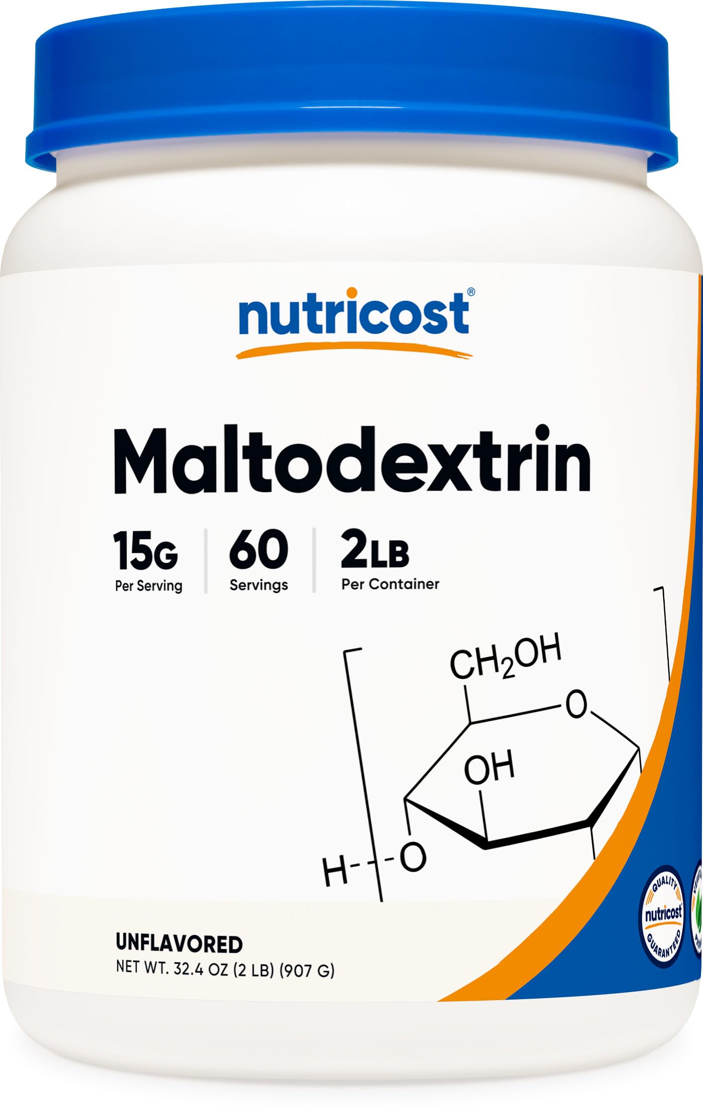 Nutricost Maltodextrin powder tub front, pure carbohydrate source for workouts