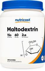 Nutricost Maltodextrin powder tub front, pure carbohydrate source for workouts