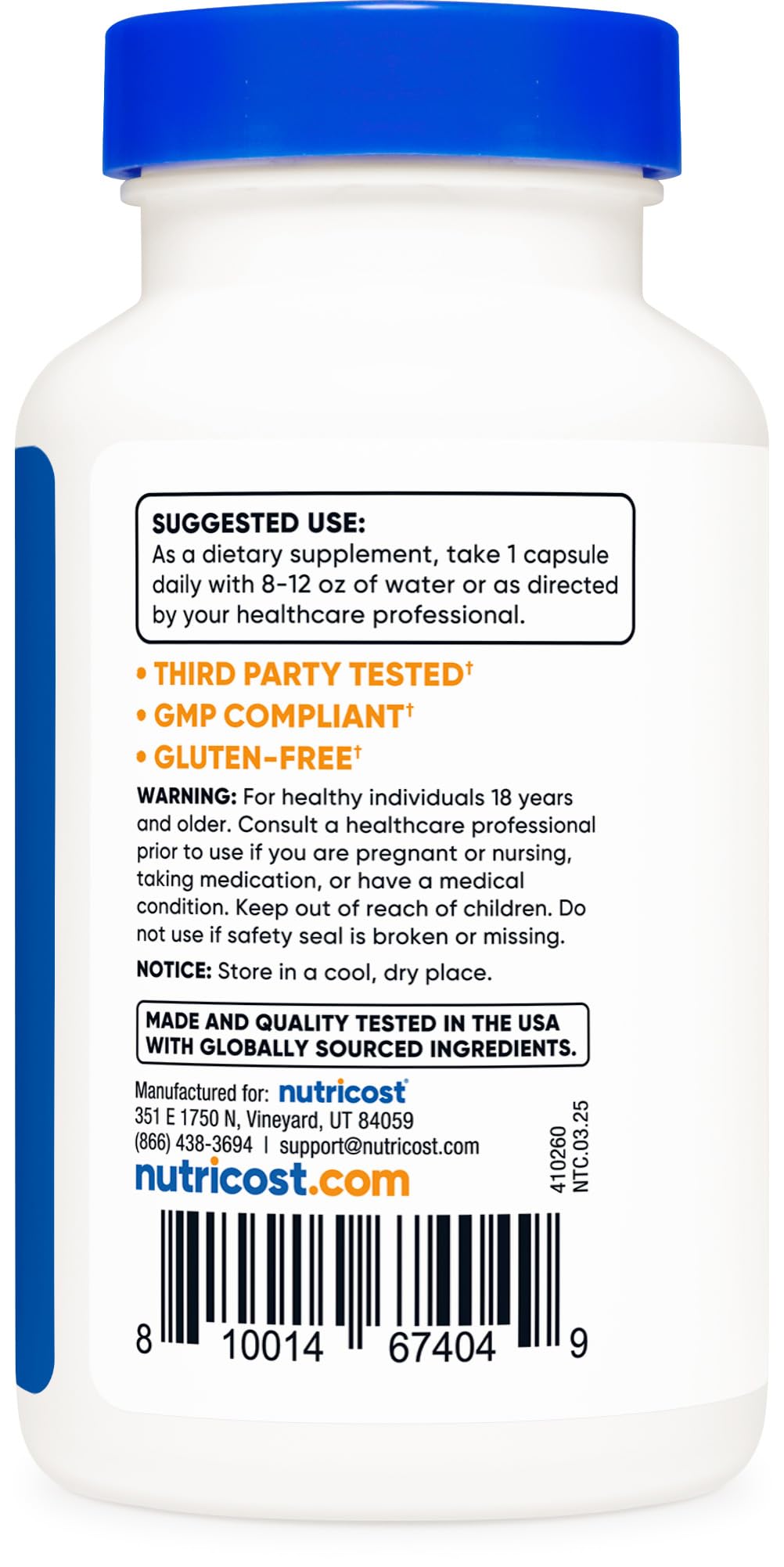 Nutricost manufacturing facility badge highlighting GMP and FDA registration