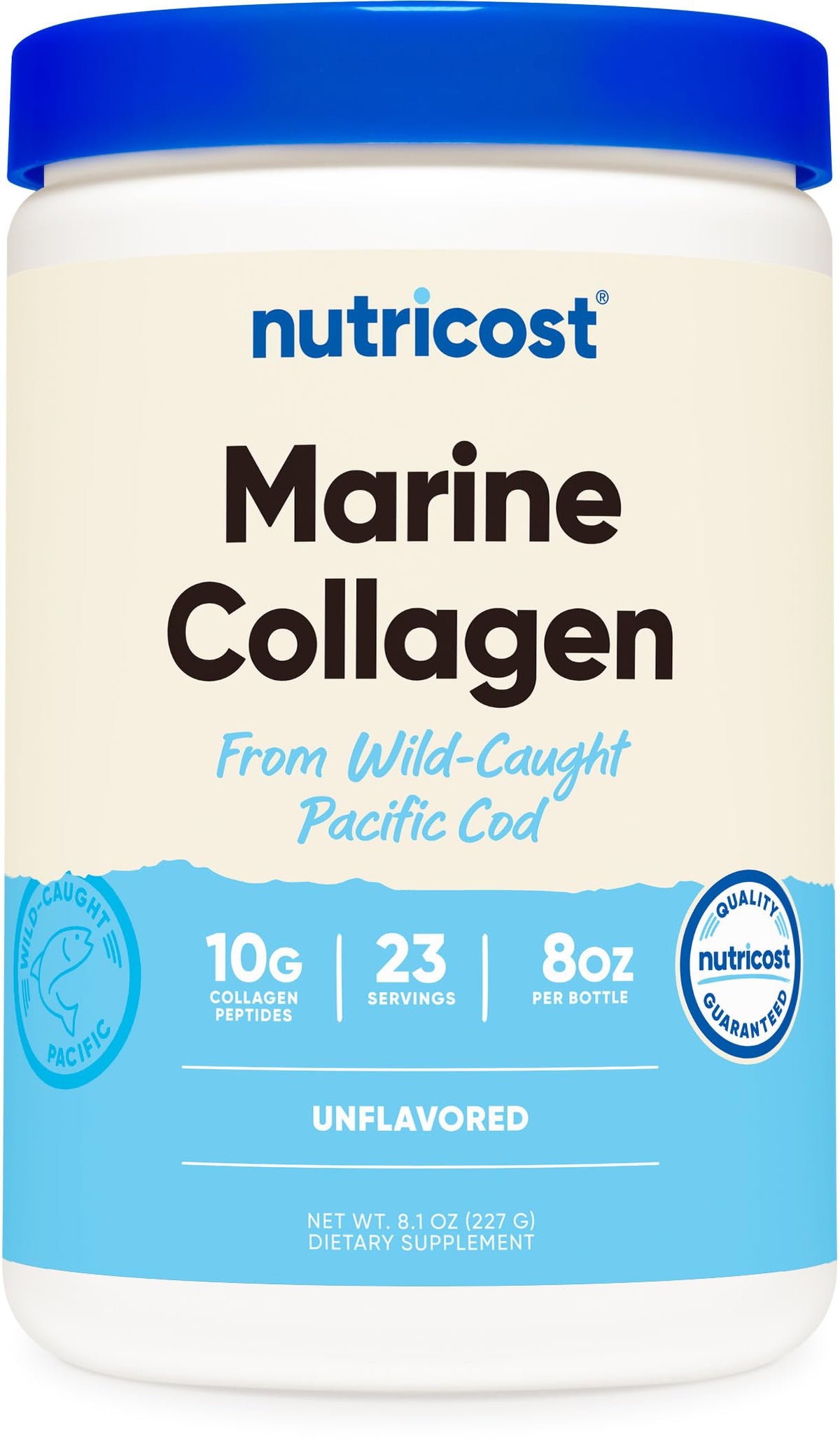 Nutricost Marine Collagen Wild Caught Fish bottle front showing sustainable sourcing and 8 oz packaging