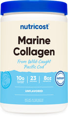 Nutricost Marine Collagen Wild Caught Fish bottle front showing sustainable sourcing and 8 oz packaging