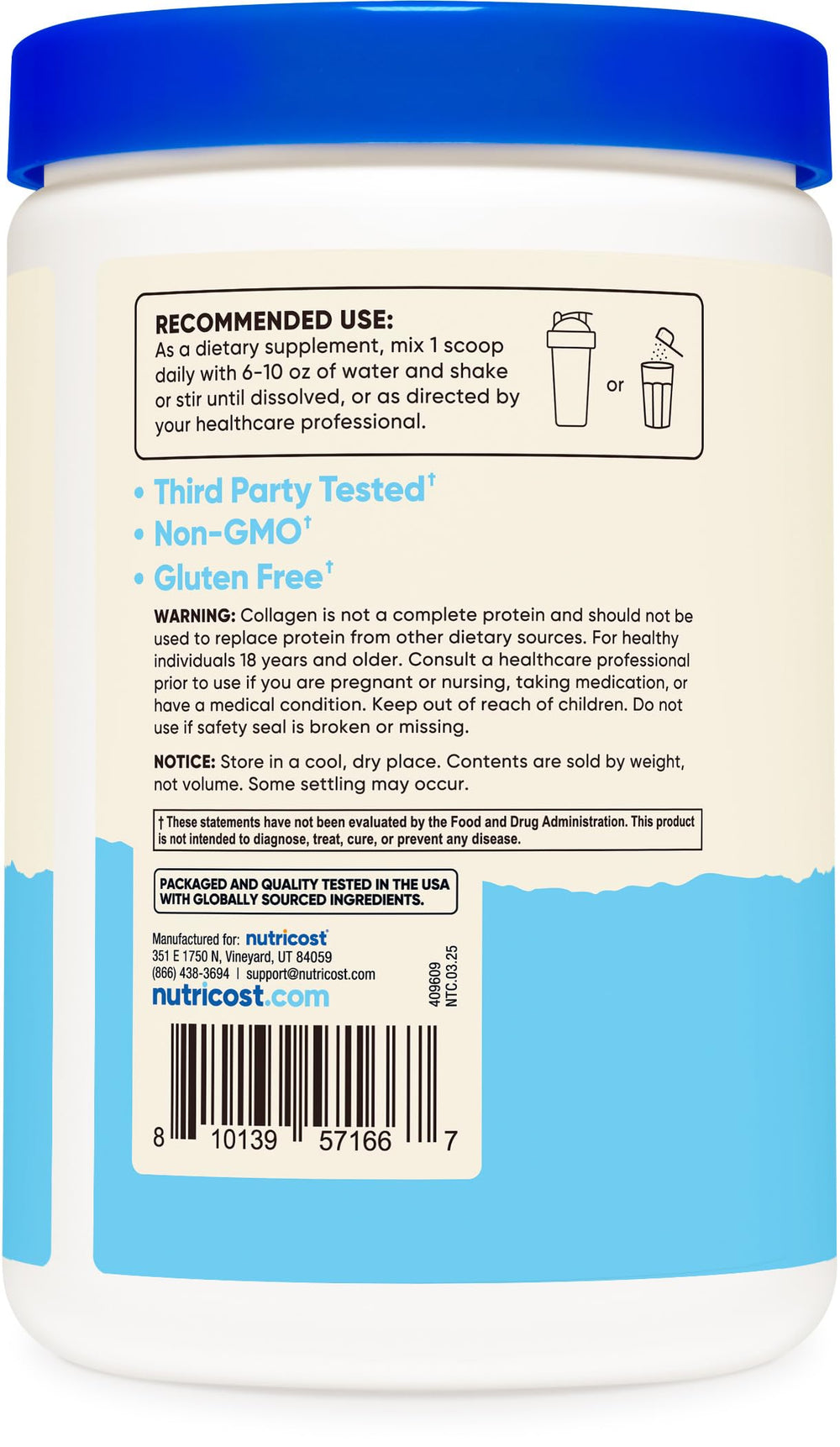 Nutricost Marine Collagen Wild Caught Fish nutrition label with 10 g protein per serving
