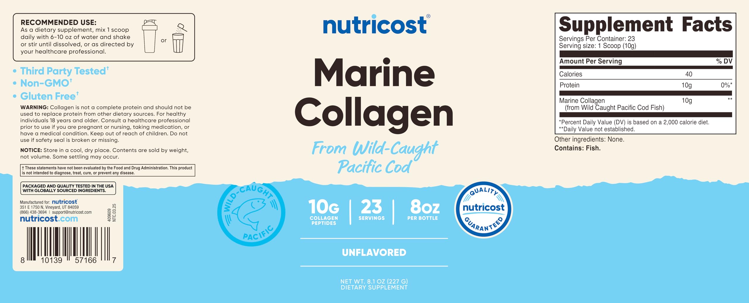 Nutricost Marine Collagen Wild Caught Fish third-party testing seal for purity