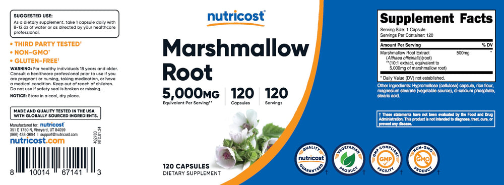 Nutricost marshmallow root bottle side view with product details