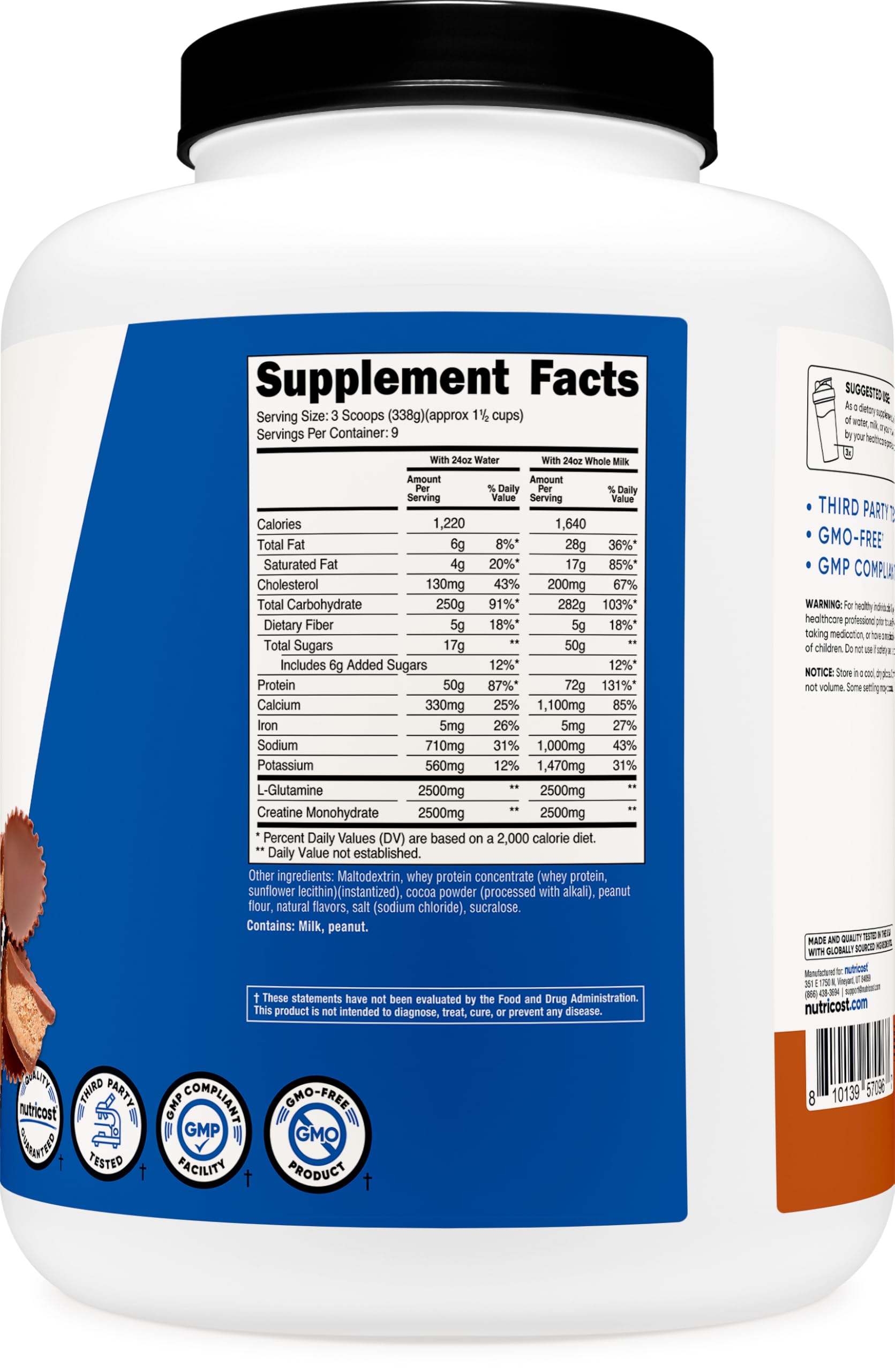 Nutrition facts label on Nutricost Mass Gainer bottle for quick reference