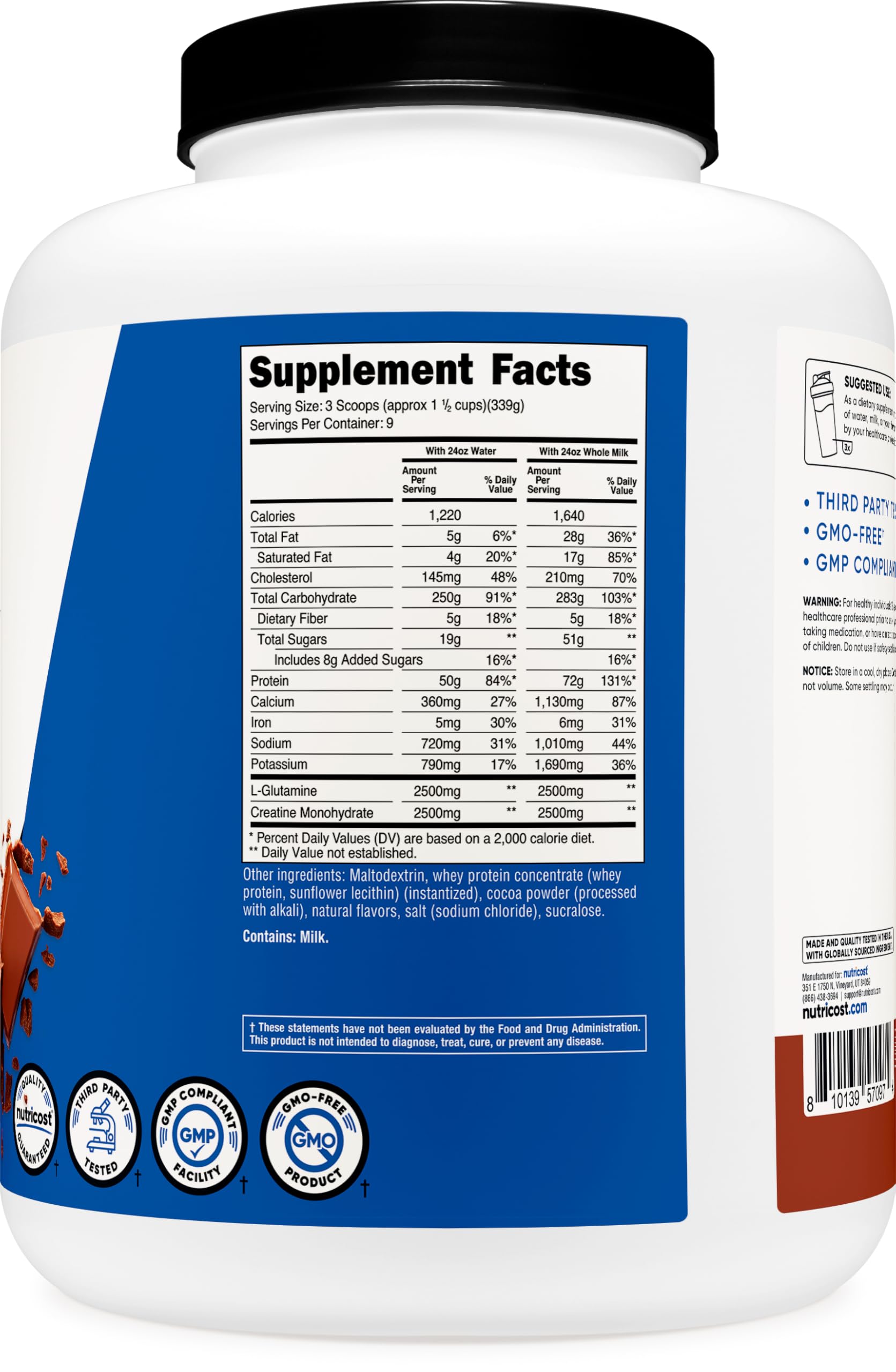 Nutricost Mass Gainer bottle on shelf suggesting convenient daily protein support.