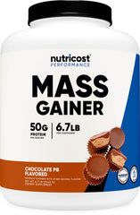 Nutricost Mass Gainer bottle front in Chocolate Peanut Butter flavor showing the product name