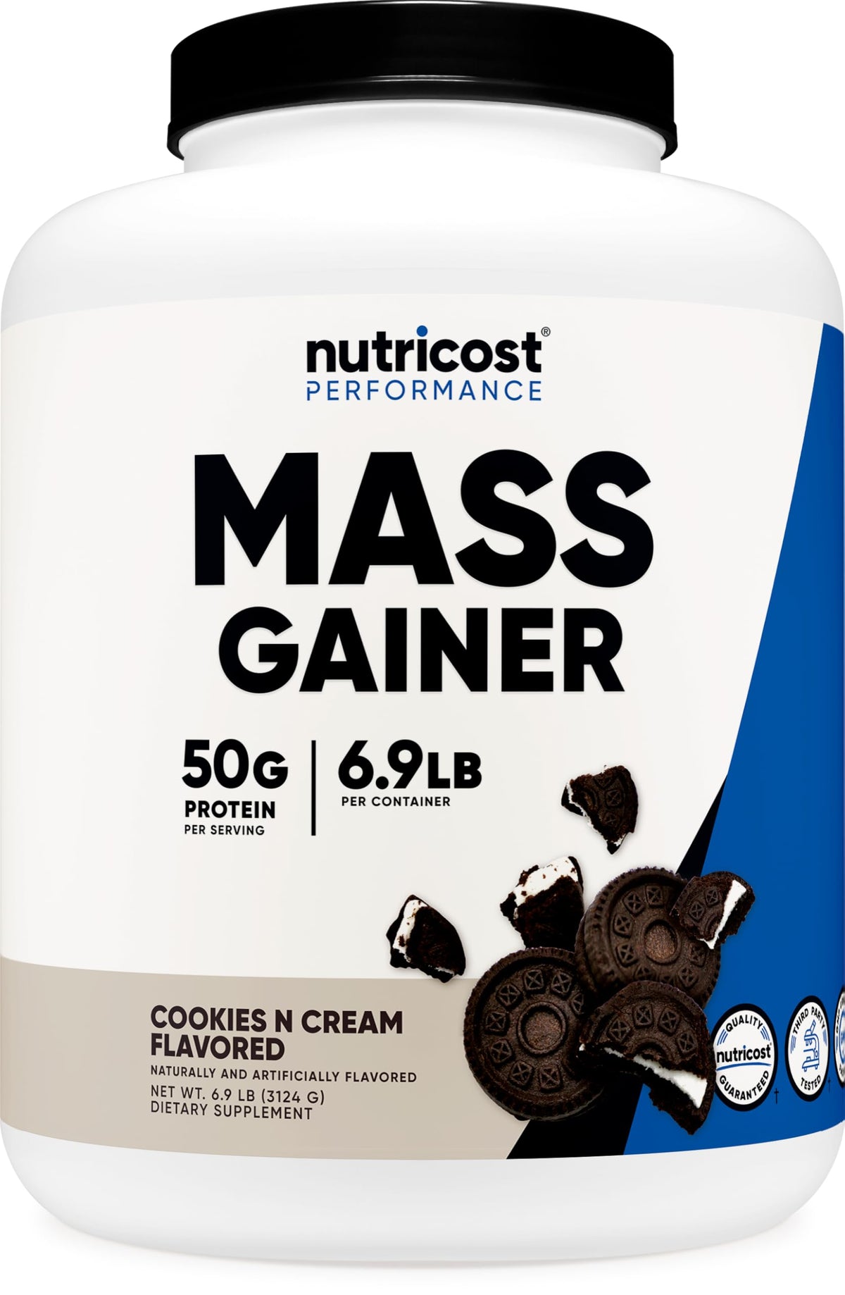 Nutricost Mass Gainer Cookies N Cream container showing 50g protein per serving for post-workout fueling