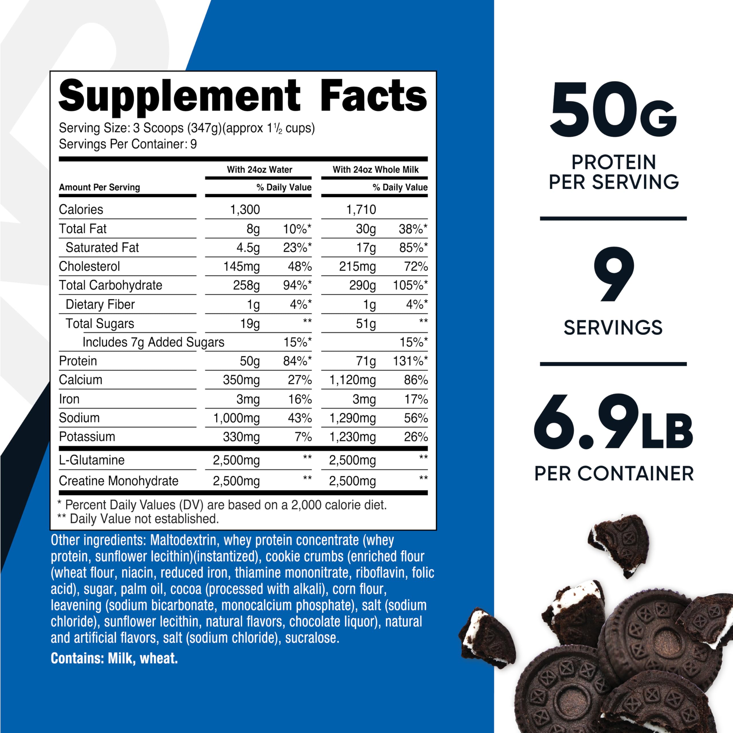Nutricost Mass Gainer Cookies N Cream label reveals whey protein concentrate and creatine monohydrate for workouts