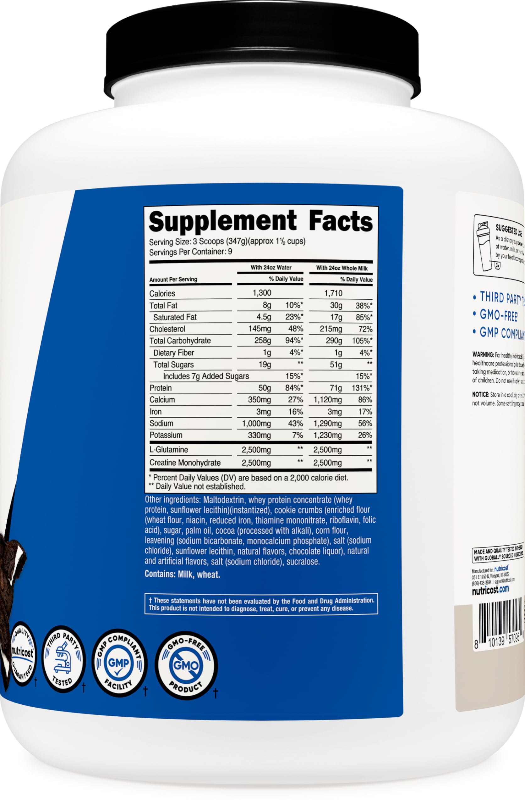 Nutricost Nutrition facts panel highlights 50g protein per serving and additives