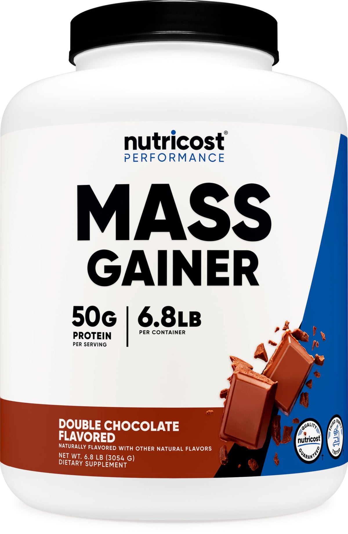 Nutricost Mass Gainer Double Chocolate container with 50g protein per serving for post-workout fuel.