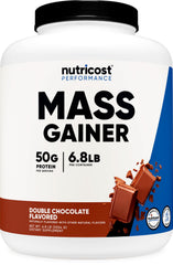 Nutricost Mass Gainer Double Chocolate container with 50g protein per serving for post-workout fuel.