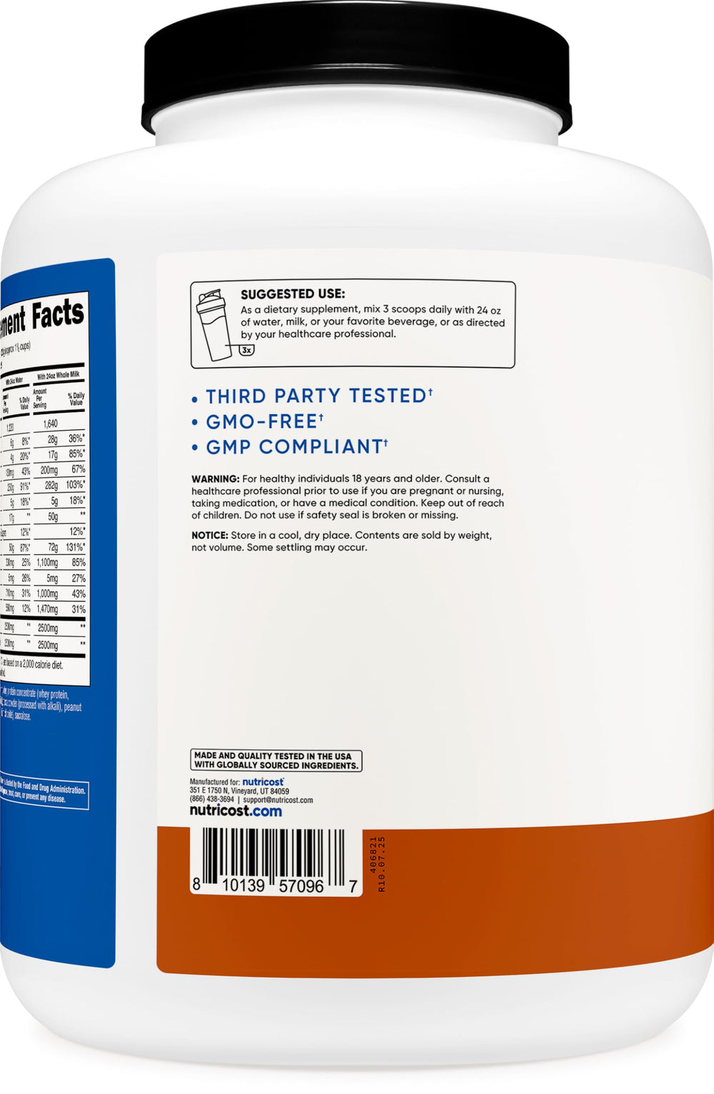 Ingredient list on Nutricost Mass Gainer packaging featuring whey concentrate, creatine, and L-glutamine