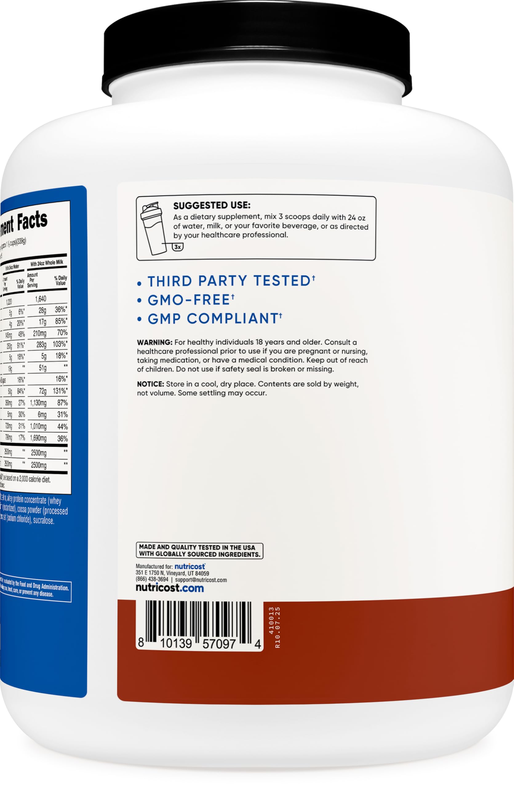 Nutricost Mass Gainer label highlights non-GMO and gluten-free ingredients.