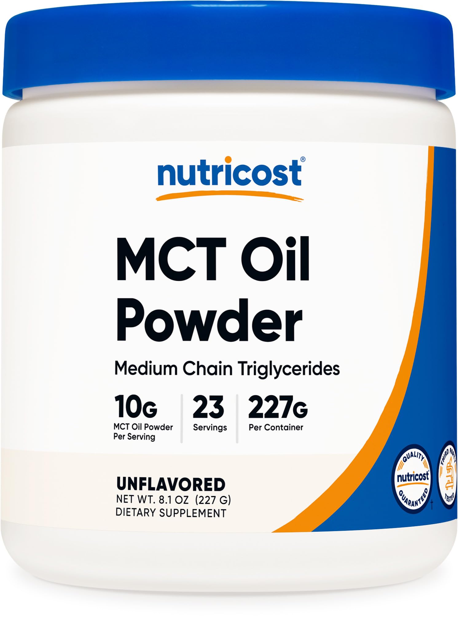 Nutricost MCT Oil Powder bottle top view for keto-friendly supplement.